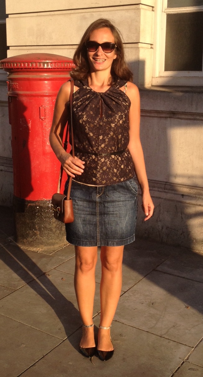 Auburn MILF wearing Blue Denim Mini Skirt with Bare Legs